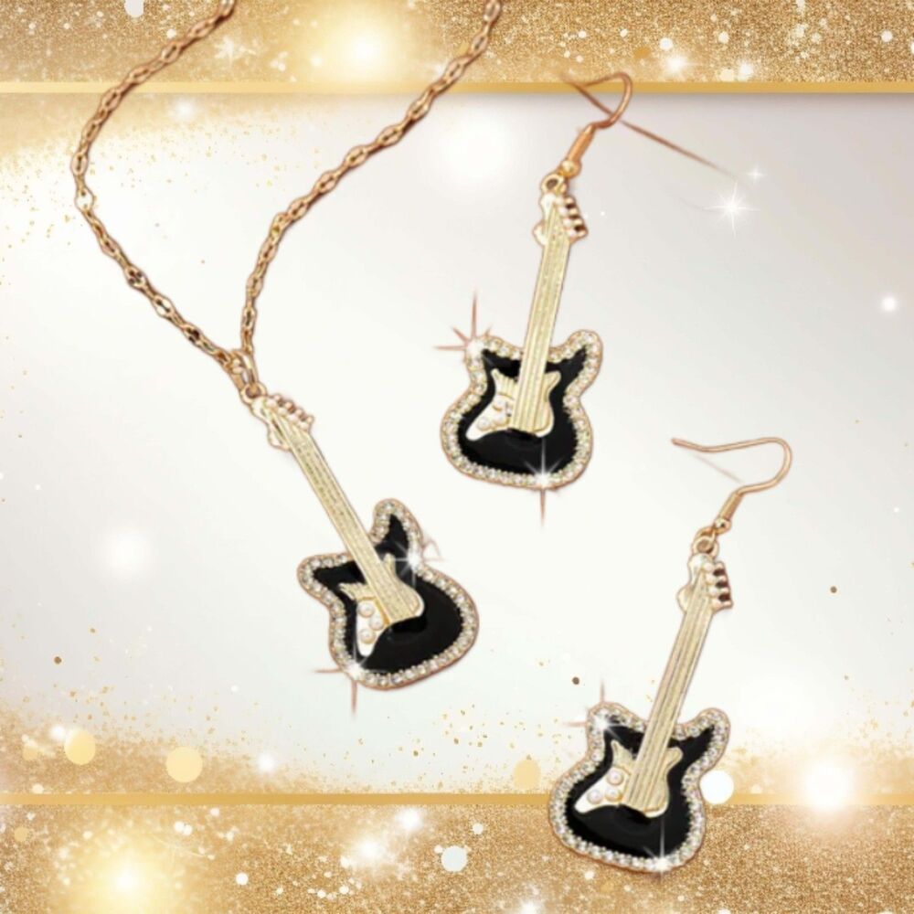 Gold Black Electric Guitar Necklace Dangle Earrings Set